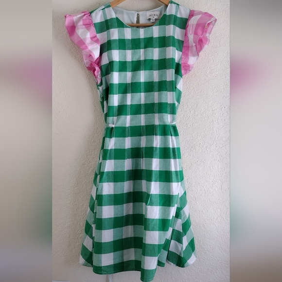 Aura Green And Pink Gingham Style Dress - Picture 3 of 8